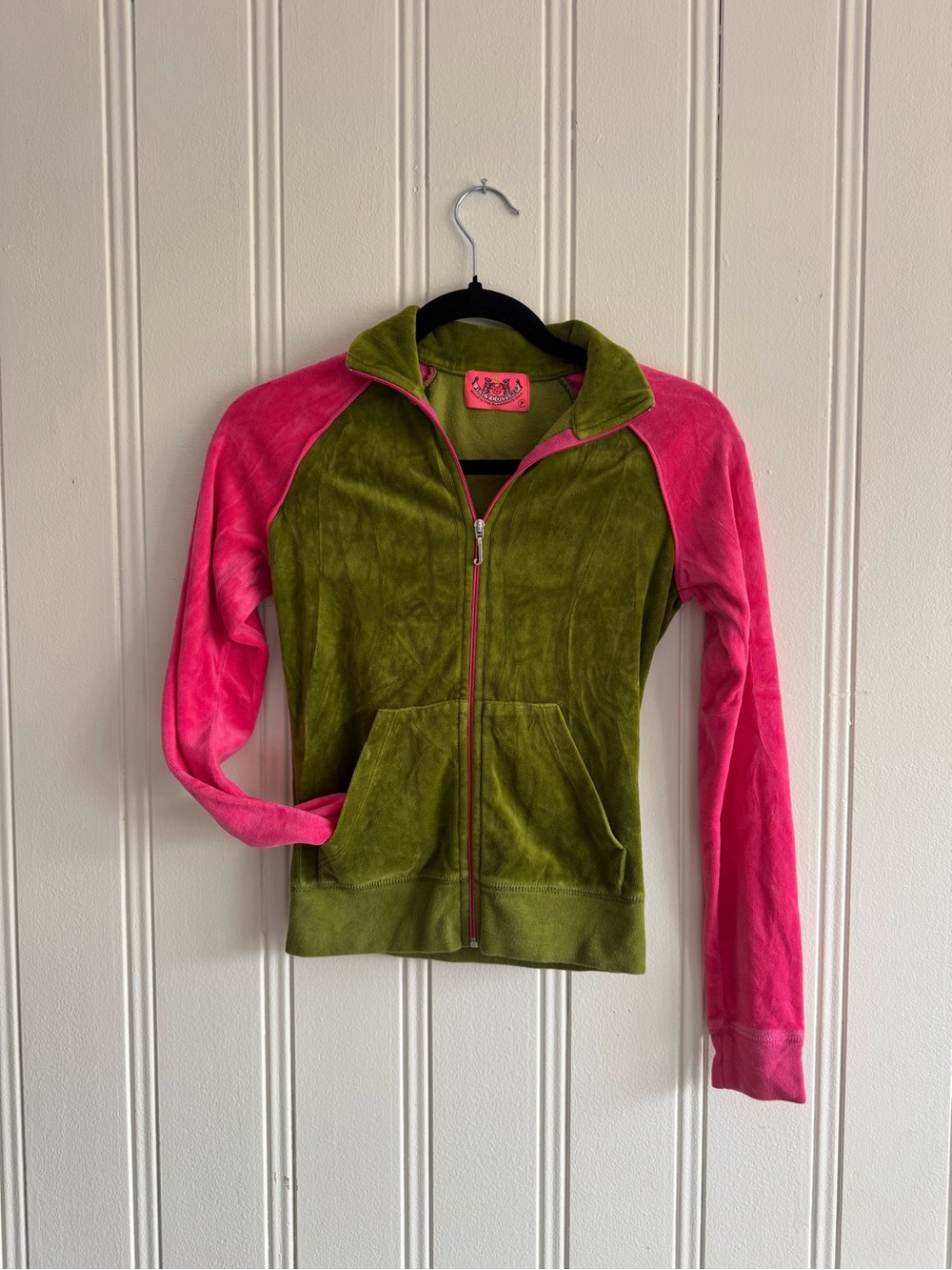 Y2K Juicy Couture Velour Track Sweater Olive Green and Pink Size P